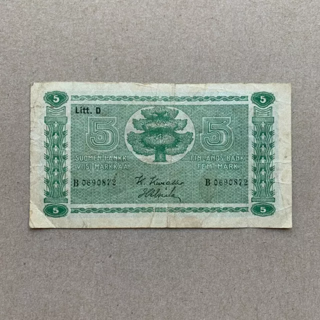 Rare 1939 Finland 5 Markka Banknote Finnish Currency Paper Money Pre WWII WW2
