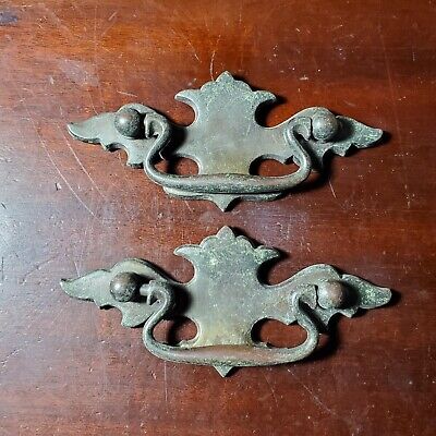 Pair of Vintage Solid Brass Chippendale Style Drop Bail Drawer Pulls 2.5" Center