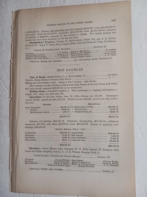 1875 TRAIN REPORT IRON RAILROAD Ironton Hecla Station Ohio ~ Cyrus ...