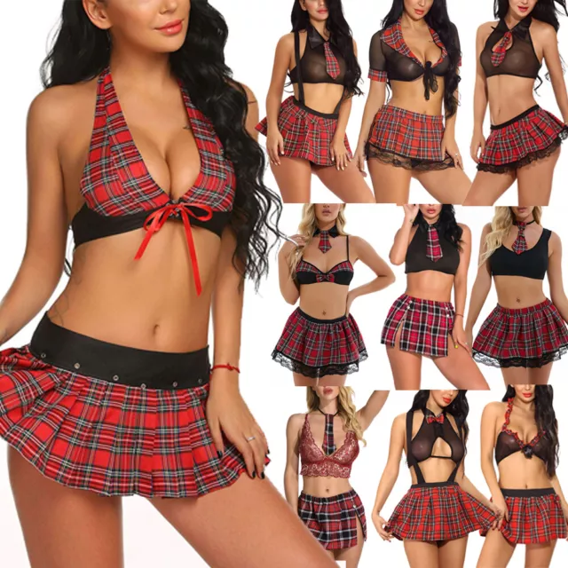 Hot Sexy Lingerie Adult High School Girl Top Mini Plaid Skirt Uniform Cosplay US