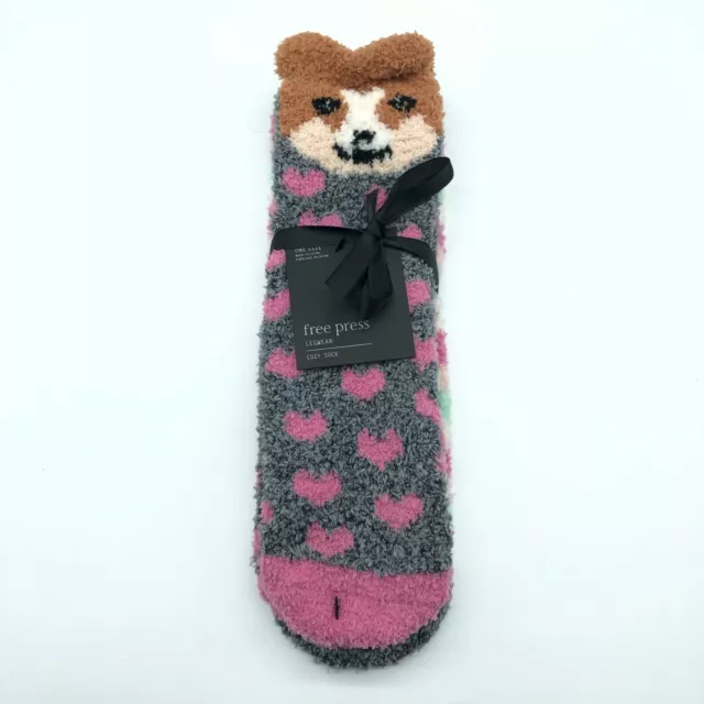 Free Press Womens Cozy Socks Fleece Soft Novelty Dog Corgi Gray Pink Striped OS