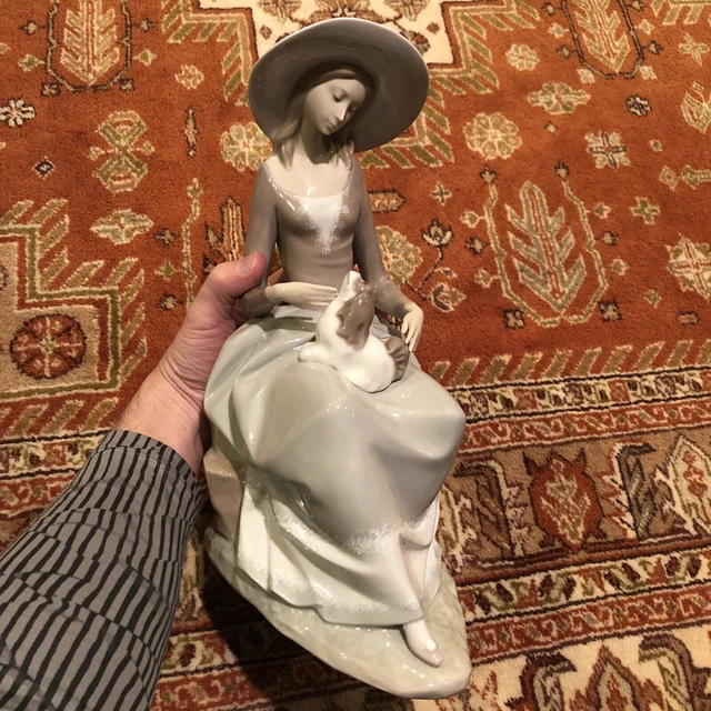 LARGE Lladro Woman Wearing Hat Holding Pekingese Dog Figurine 13” Tall