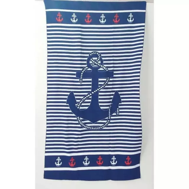 Grande Serviette De Plage Drap De Bain Microfibres Ancre Marine Bleu Blanc Rouge