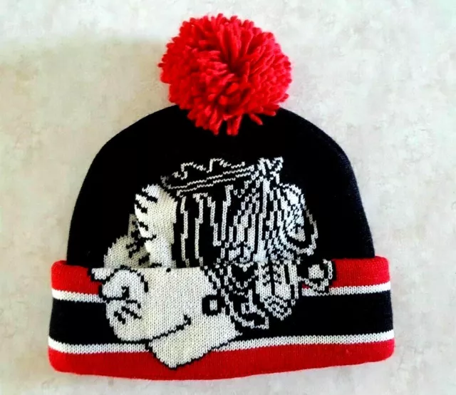 Chicago Blackhawks Hat Knit Cap Pom Reebok CCM Big Chief Logo Warm Cuff Beanie