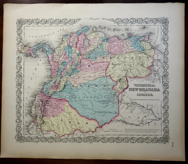 Colombia Venezuela Ecuador Mocoa South America 1855 J.H. Colton engraved map