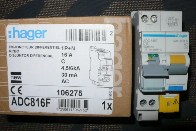 DISJONCTEUR DIFFERENTIEL BIPOLAIRE 16A 30mA HAGER ADC816F,  PC.6KA. 16 AMPERES