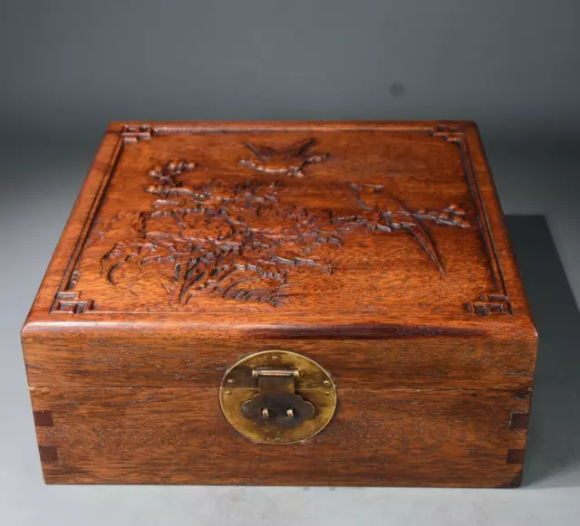 natural rosewood huali wood handwork carving flower bird big Jewelry box Storage