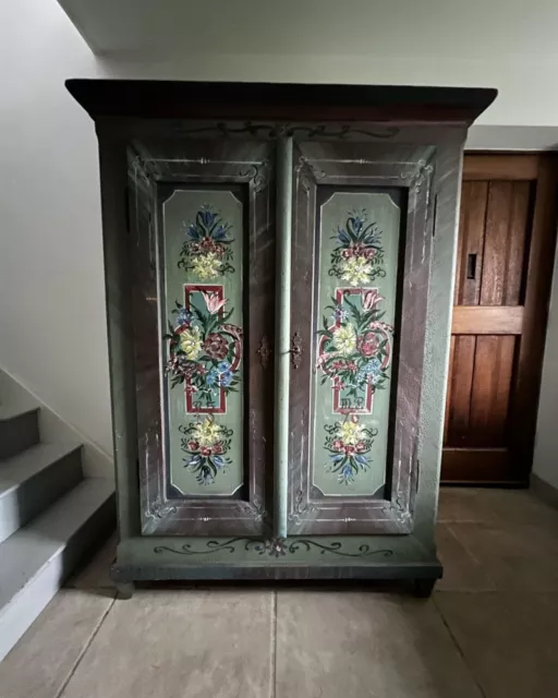 Rare Divine Original Antique Alpine Painted Folk Art Marriage Cupboard Storage