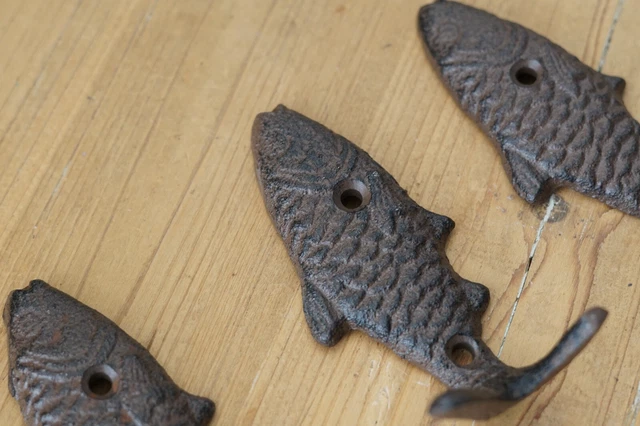 3 Fish Wall Hook Coat Hat Towel Beach Koi Hooks 4 3/4" Rustic Cast Iron Bath 6