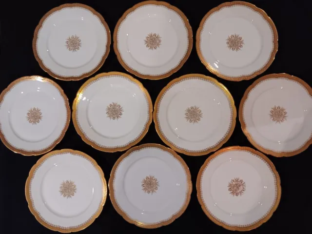 JPL Jean Pouyat Limoges Salad Plate Set Gilt Gold Medallion Scalloped Luncheon