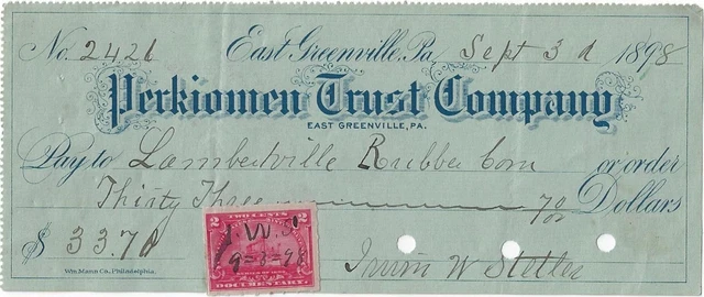 Perkiomen Trust Company~East Greenville, Pa~Lambertville Rubber Co, Nj~1898