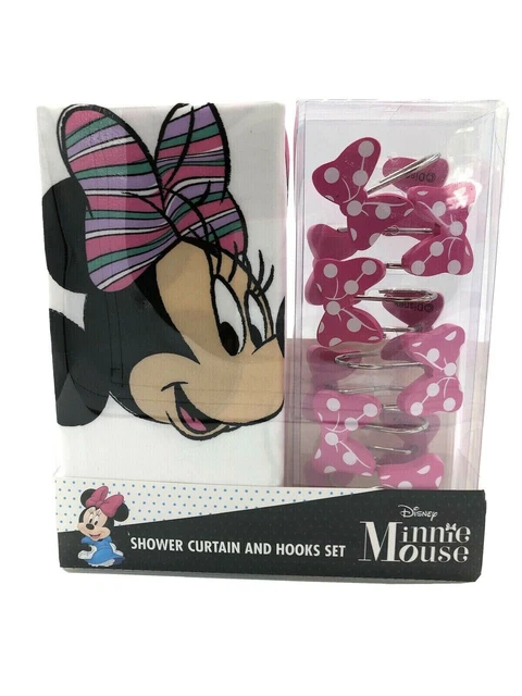 Disney Minnie Mouse Bows Shower Curtain 12 Hook Set With Rainbows & Hearts