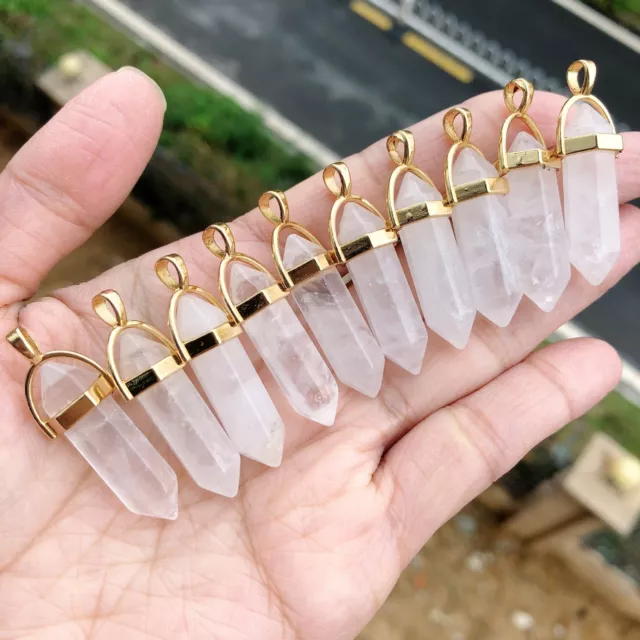 10pcs Rock Quartz Stone Hexagon Point Pendant Chakra Reiki Healing Amulet