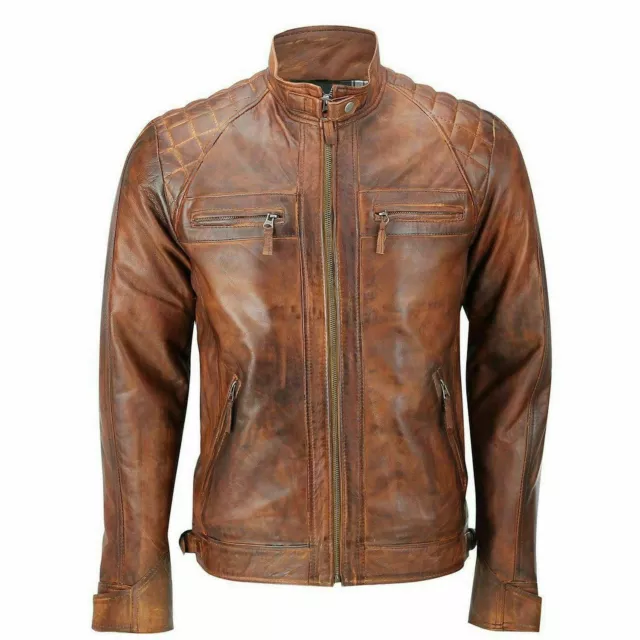 Herren Passform hellbraun Echtleder Bikerjacke Reißverschluss Vintage Smart Freizeitmantel