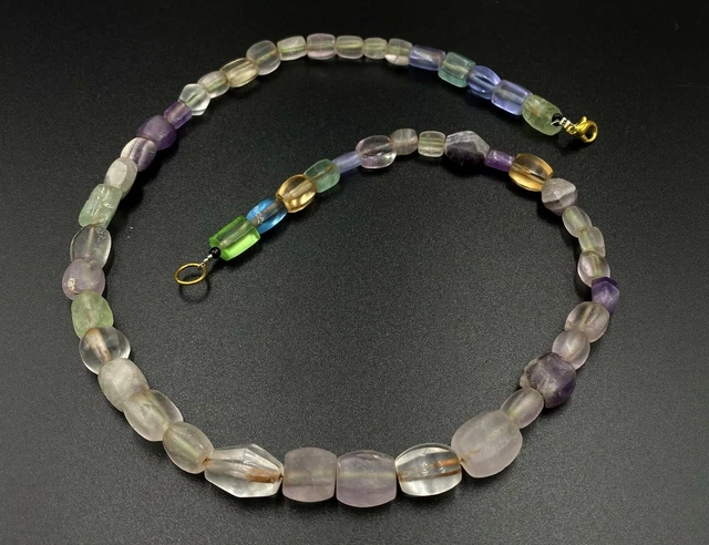 Old Ancient Antique Crystals Quartz Amethyst Glass Multi Color Beads Necklace