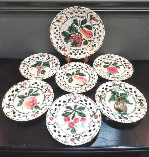 Italy Majolica Pottery Reticulated Plates WCG Hand Painted Fruit Set 1 Lg & 6 Sm