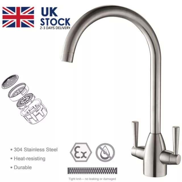 Modern Kitchen Sink Mixer Taps Swivel Spout Twin Lever Tap Mono Chrome Faucet UK