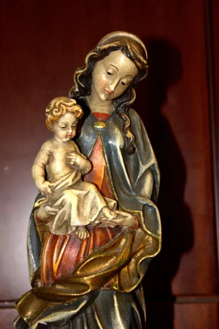 Antique 12" Anri Wood Hand Carved Madonna Virgin Mary Our Lady Statue Sculpture