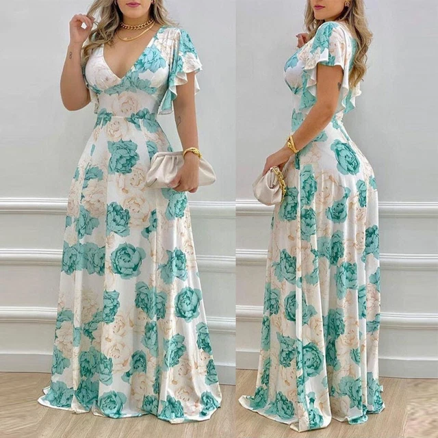 Elegante abito lungo estivo da donna collo a V con stampa foglia di loto e fiori