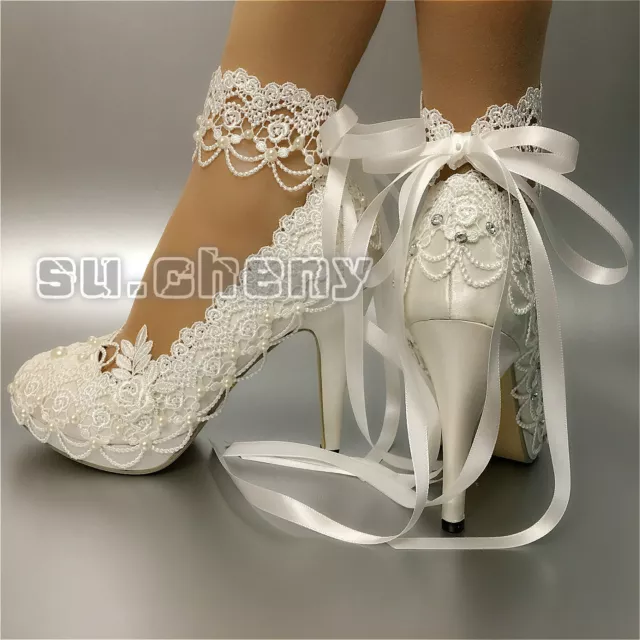 su.cheny- 3 4” heel white ivory satin lace ribbon open toe Wedding Bridal  shoes