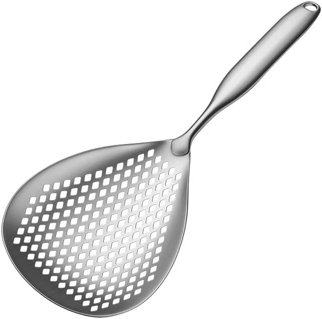 Colador grande de acero inoxidable con mango cómodo y orificios colgantes, grado alimenticio