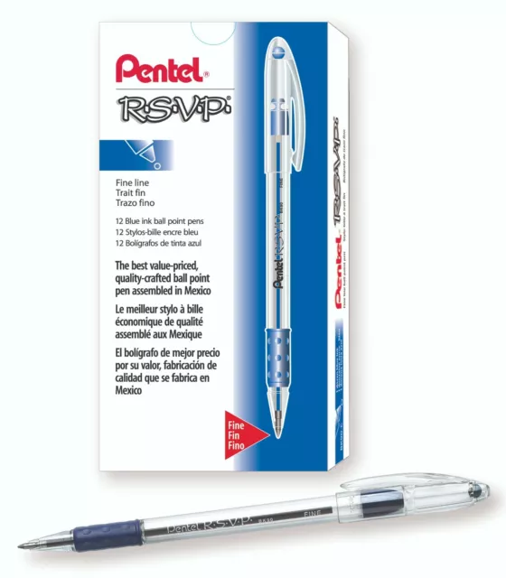 BK90-C Pentel RSVP Ball-Point Stick Pen, 0.7mm Fine Tip, Blue, Pack of 12