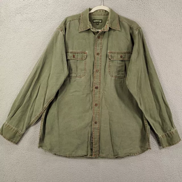 Orvis Shirt Mens Large Olive Green Heavy Duty Long Sleeve Pockets Work Shirt