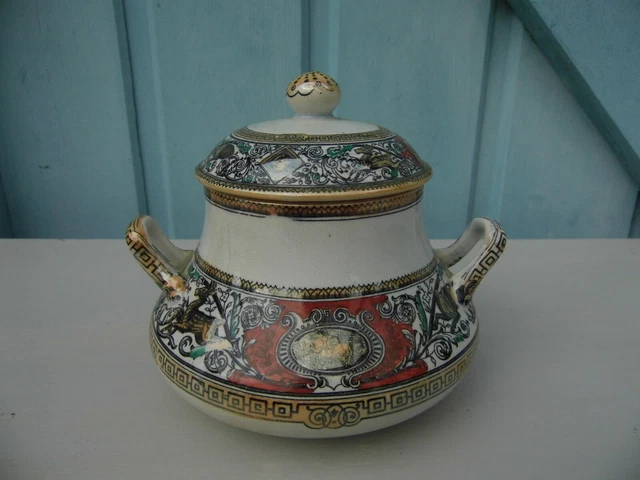 SUCRIER FAIENCE ANGLAISE DECOR A L'ANTIQUE CHASSE ANIMAUX  XIX /XX ème siècle