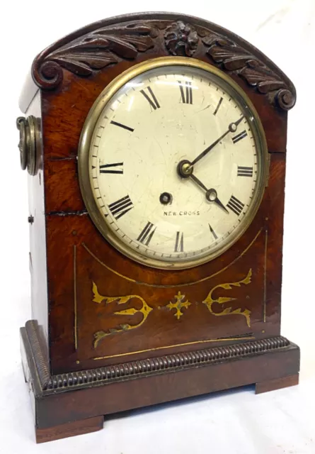 Antique Mahogany Single Fusee Mantel Clock With Carving And Brass Inlay