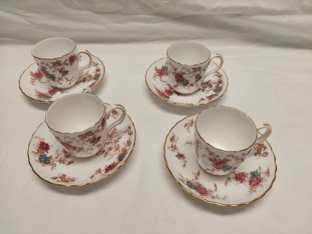 4 Minton Ancestral Bone China Demitasse Cups & Saucers Gold Trim