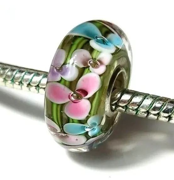 Charm Pink and Blue Flowers Garden Murano Glass BEAD SILVER 925 FIT BRACELETS