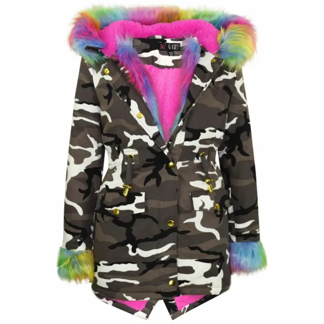 Kids Girls Camouflage Rainbow Faux Fur Hooded Parka School Jackets Outwear Coats