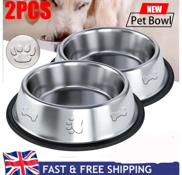 2 x  Large Dog Bowls Non Slip Pet Cat Puppy Stainless Steel Water Food Dish Bowl