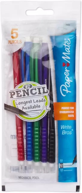 Write Bros Mechanical Pencils, 0.7mm, HB #2, Assorted Colors, 5 Count