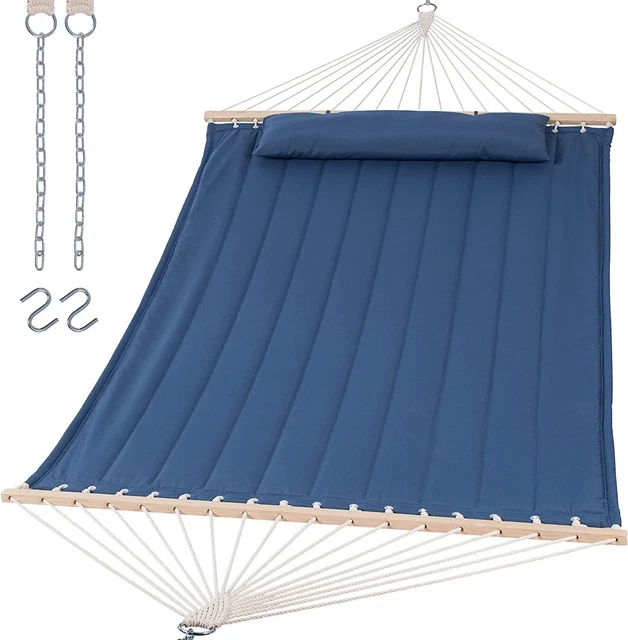 SUNCREAT Double Outdoor Hammock with Hardwood Spreader Bar, Extra Large Blue
