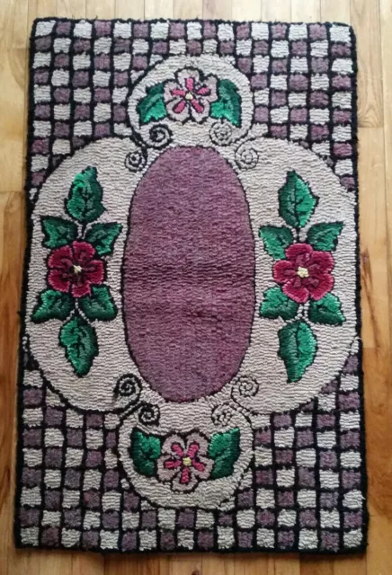 Antique Hand Hooked Rug Floral Stitched Early American Folk Pa. Estate