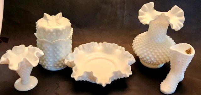 Vtg FENTON Lot  5 hobnail Milk Glass~ Vases, Shoe, Dish/Bowl, Butterfly lid Jar