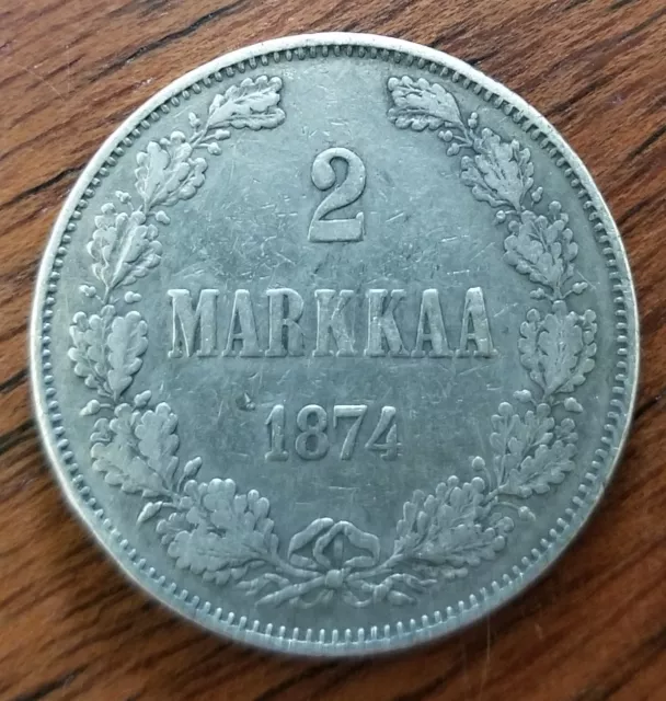 Finland 2 Markkaa 1874 86.8% Fine Silver