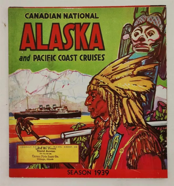 1939 vintage ALASKA TRAVEL canadian nat pacific coast CRUISE ad map 1st class