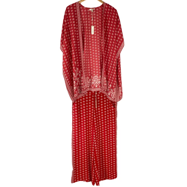 Max Studio Kimono Top and Pants Set Size M Boho Red Floral Loungewear Wide Leg