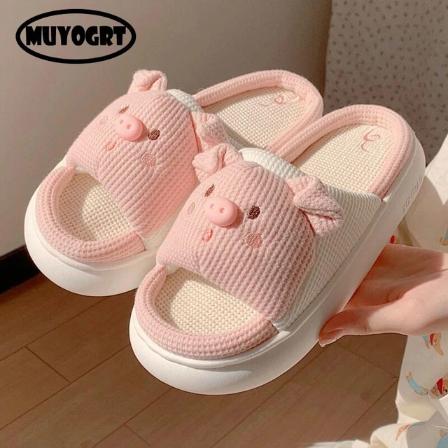 Linen Slippers Cute Cartoon Pig Slippers Women'S Indoor Slippers Soft Thick Sole