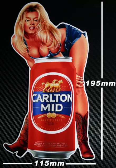 Carlton Mid Beer Can Pin Up Girl Sticker Speedway HotRod Toolbox Fridge Man cave