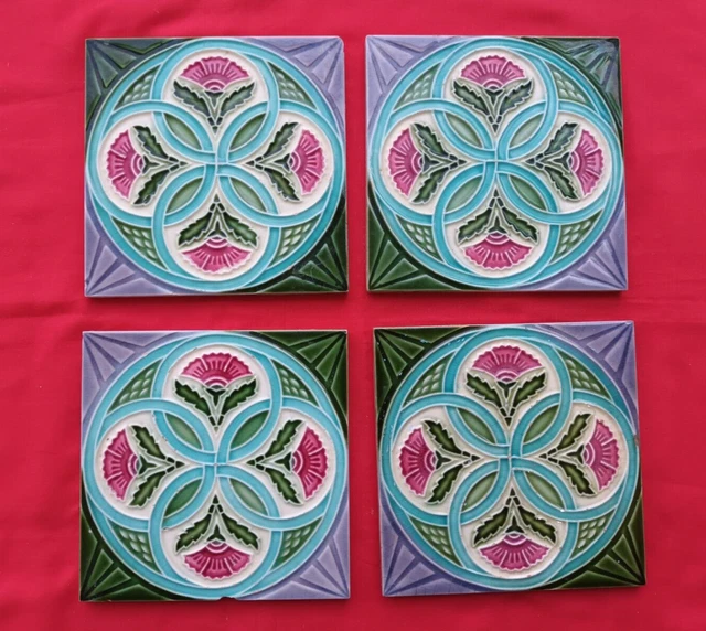 4 Piece Old Art Floral Embossed Design Majolica Ceramic Tiles Japan 0259 2