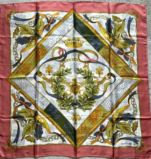 A Vintage GUY LAROCHE PARIS 100% SILK SCARF Oak Leaves Fleur De Lis Crown Design