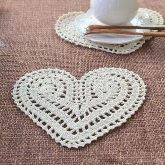 4Pcs White Heart Hand Crochet Cotton Doilies Table Mats Placemat Doily 15x20cm