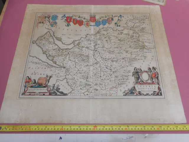 100% Original Large Cheshire Map By J Blaeu C1650 Hand Coloured