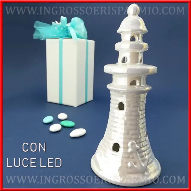 Faro Blanco Perla de Porcelana Con Luz LED Detalle Tema Mar Matrimonio