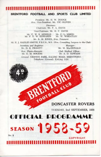Brentford v Doncaster Rovers 2nd Sept 1958 League Division 3 Football Programme