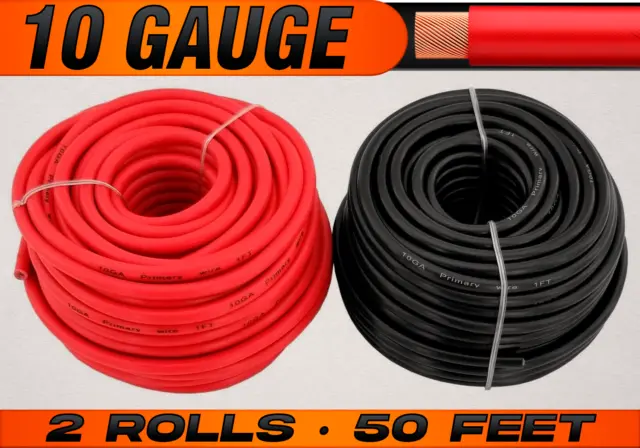 10 Gauge 12v Primary Wire Remote Cable Red & Black CCA - 2 Rolls - 50 Feet Each