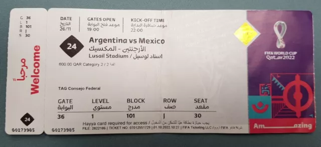 Sammler Used Ticket 2022 Fifa World Cup #24 Argentina - Mexico Messi Qatar